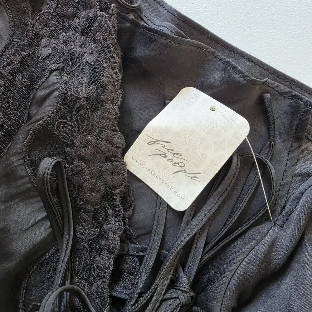 Free People Camisole Womens Medium Black Satin Lace Trim Side Tie Crop Top